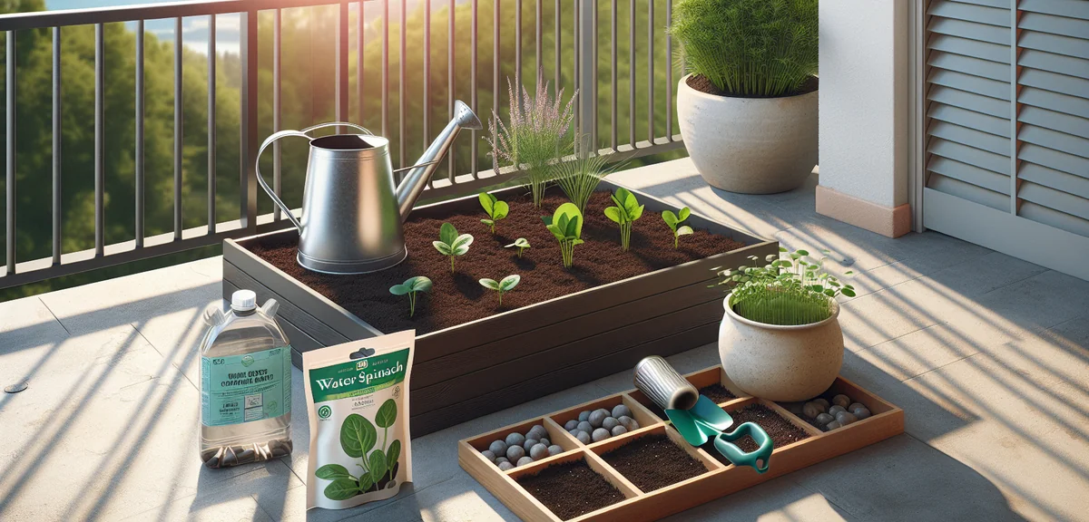 A rectangular planter filled with dark moist potting soil, a packet of water spinach seeds, a wateri