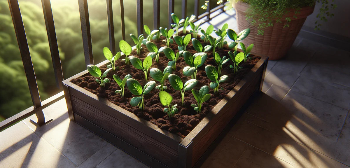 Young water spinach seedlings emerging from dark moist soil in a planter, showing the first true lea