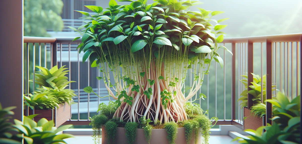 A vigorous water spinach plant in a planter showing multiple branching stems after repeated tip harv