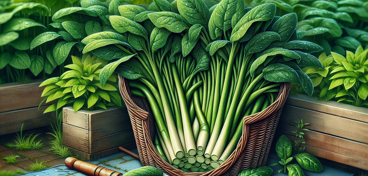 Close-up of harvested water spinach stems and leaves in a basket next to a planter. The hollow stems