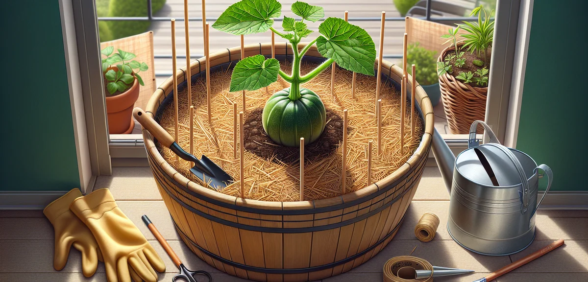 A young zucchini seedling freshly transplanted into a large round planter on a balcony. The seedling