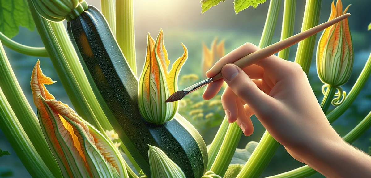Close-up of a zucchini plant showing both a male flower (thin stem) and a female flower (with small