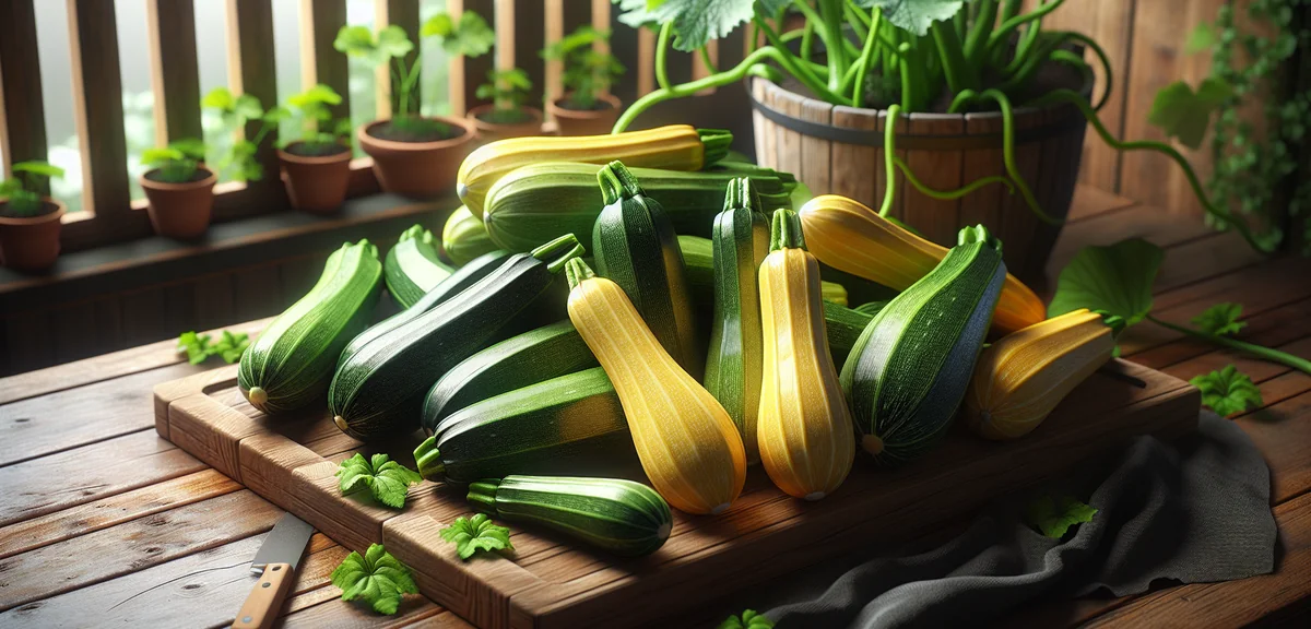 Several freshly harvested zucchini of ideal size (about 20cm) laid on a wooden cutting board next to