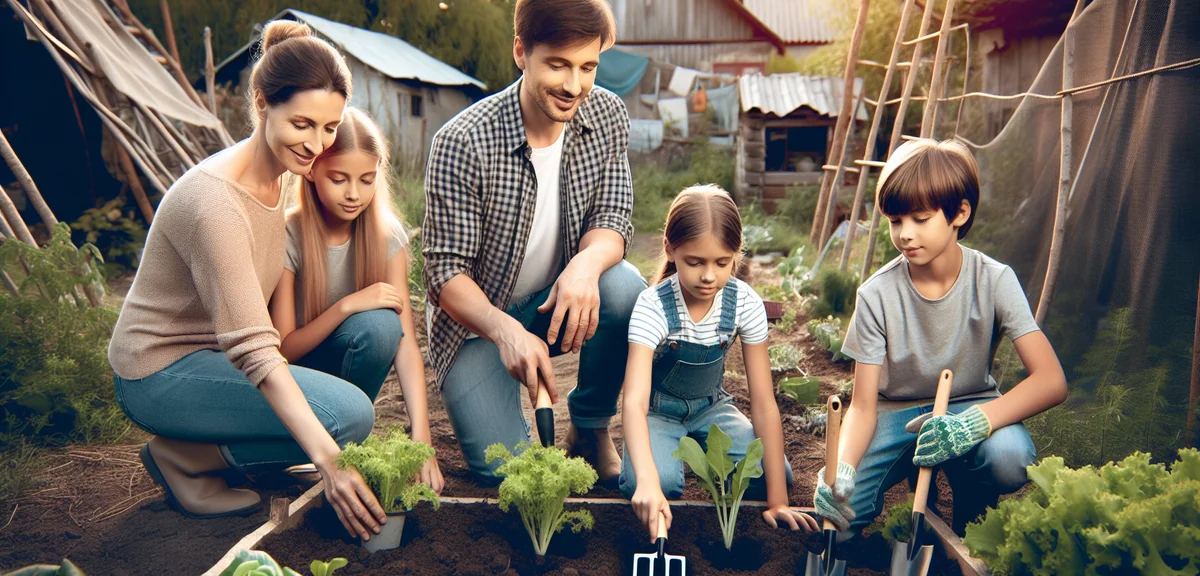 Family with children working in a vegetable garden plot, planting seedlings together. Japanese subur