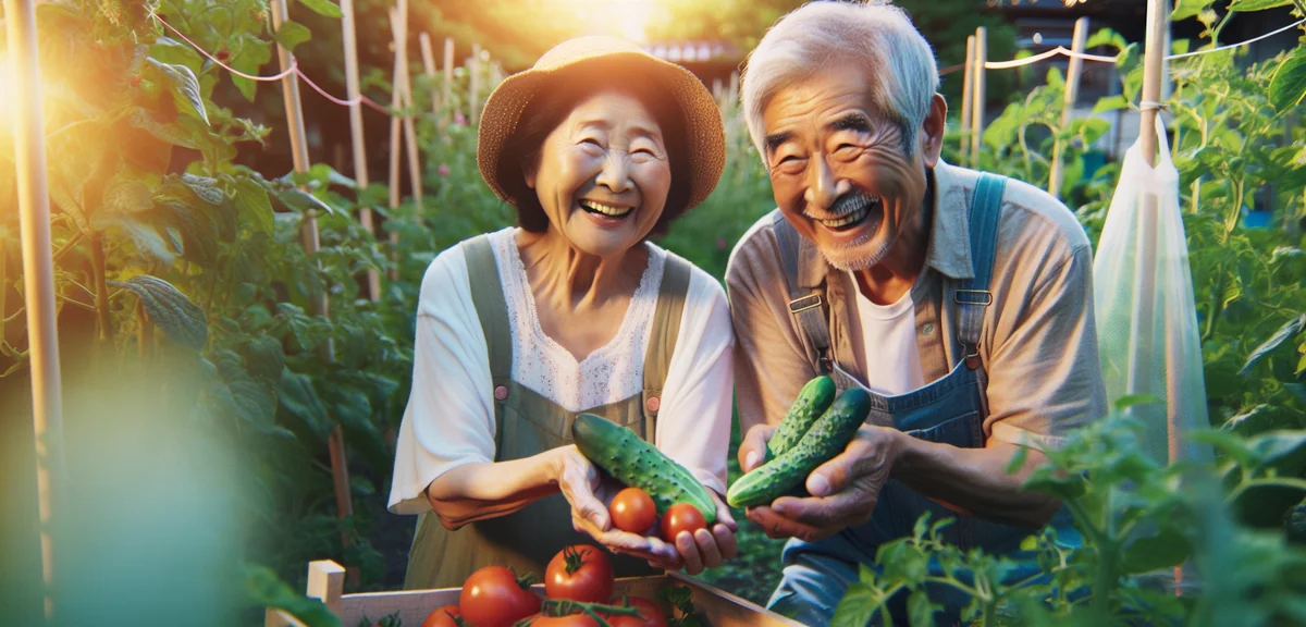 Elderly Japanese couple harvesting fresh tomatoes and cucumbers from their garden plot, smiling happ