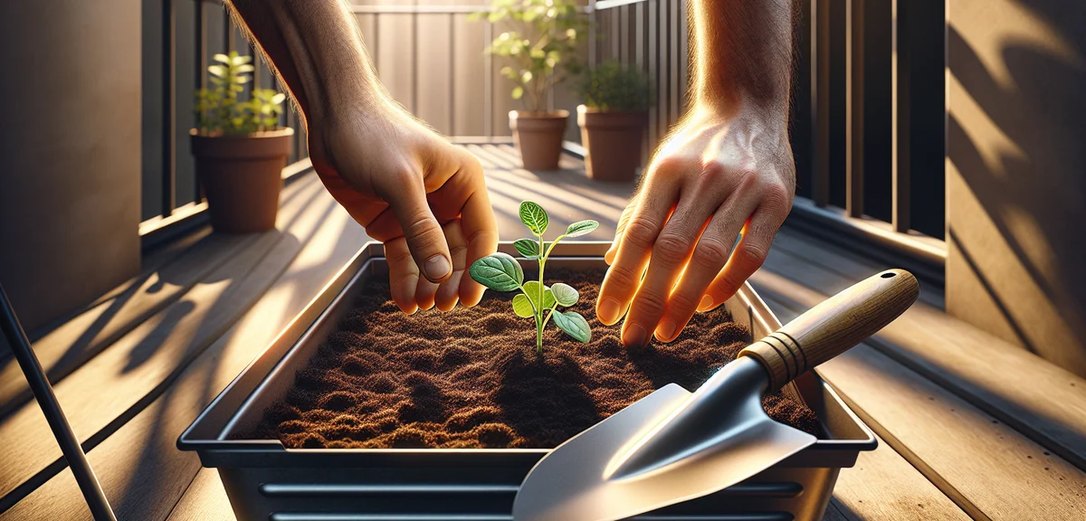 Hands planting a vegetable seedling into a planter filled with dark soil. Garden trowel nearby, sunn