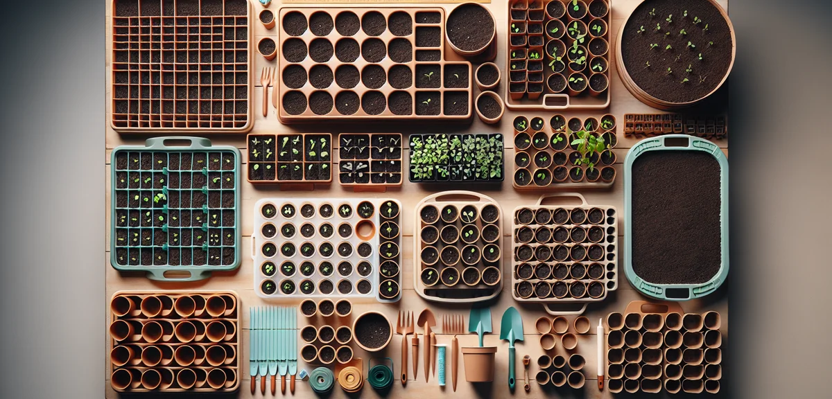 Various seedling containers arranged on a table - cell trays, plastic pots, and peat pots with soil.