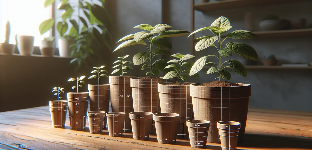 Seedling pots of various sizes arranged from small to large on a wooden surface, showing size compar
