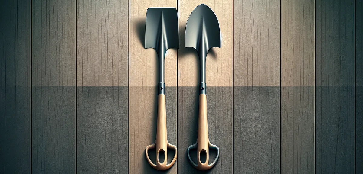 Close-up comparison of a flat spade and a curved scoop shovel on wooden decking. Clear product photo