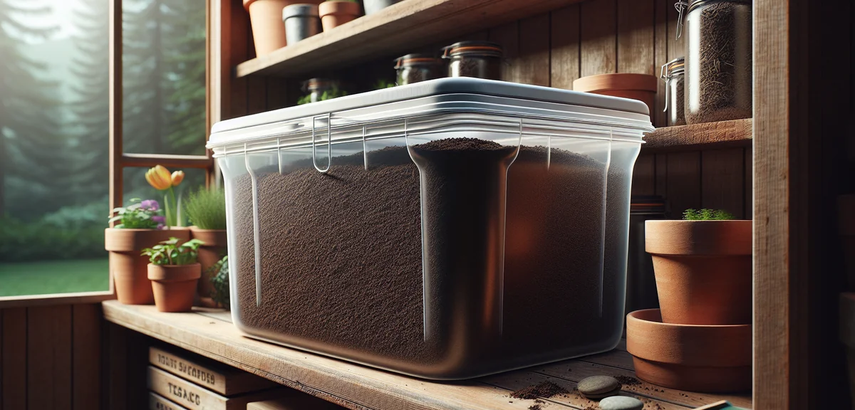 Close-up of a sealed plastic storage container filled with potting soil, placed on a wooden shelf in