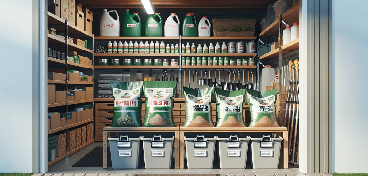 Various fertilizer bags and bottles organized in labeled plastic bins inside a garage. Clean storage