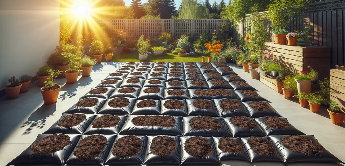 Black plastic bags filled with soil spread flat on a sunny concrete surface for solar sterilization.