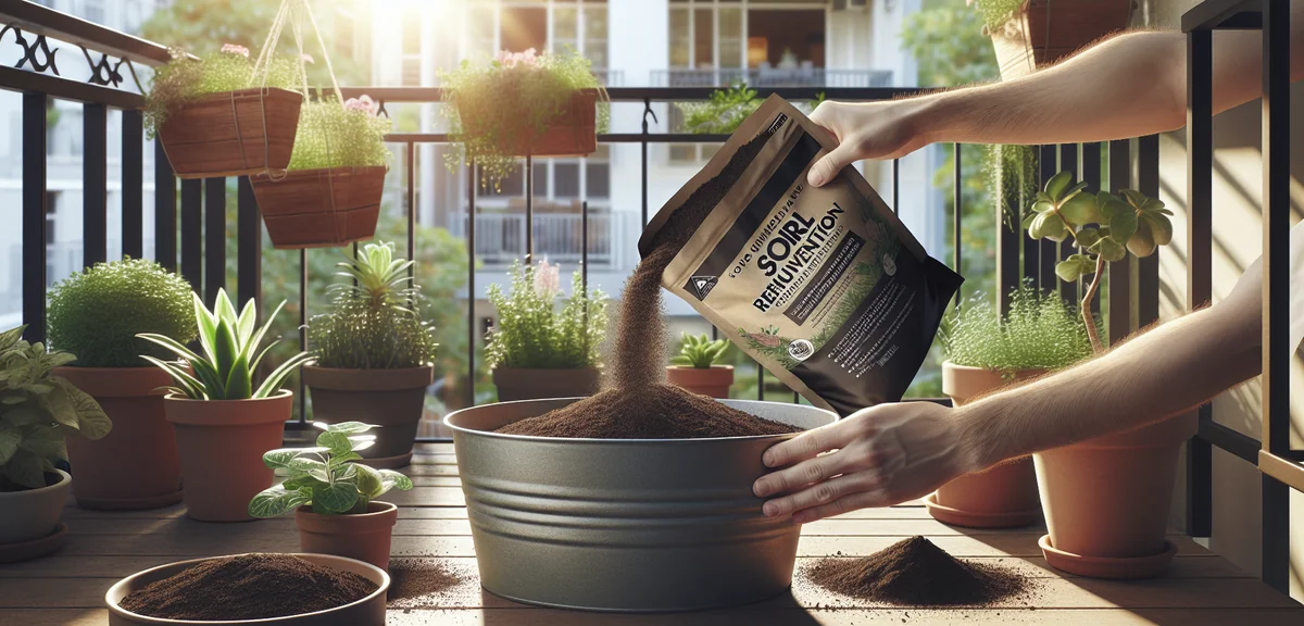 Hands pouring commercial soil rejuvenation mix into a container with old potting soil. Product bag v