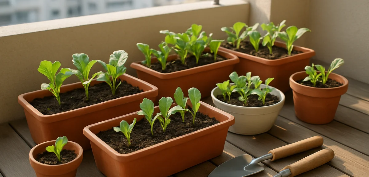 Sunny Japanese apartment balcony in early April with multiple planter boxes containing fresh vegetab