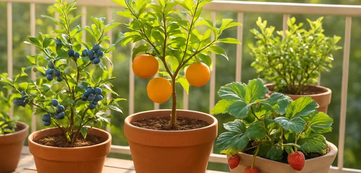 Sunny home balcony in spring with multiple potted fruit trees including blueberry, citrus, and straw