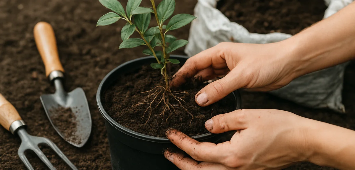 Close up of a young blueberry plant being planted in a deep dark plastic pot with acidic peat-based 