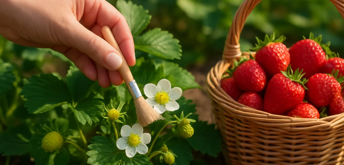 Bright sunny scene of a hand pollinating strawberry flowers with a small soft brush, blossoms and sm