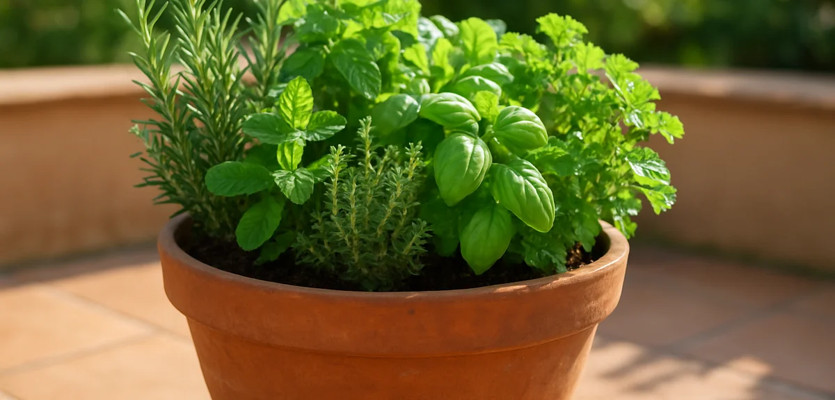 Beautiful spring herb container garden on a sunny terrace, mixing rosemary, mint, thyme, basil, and 