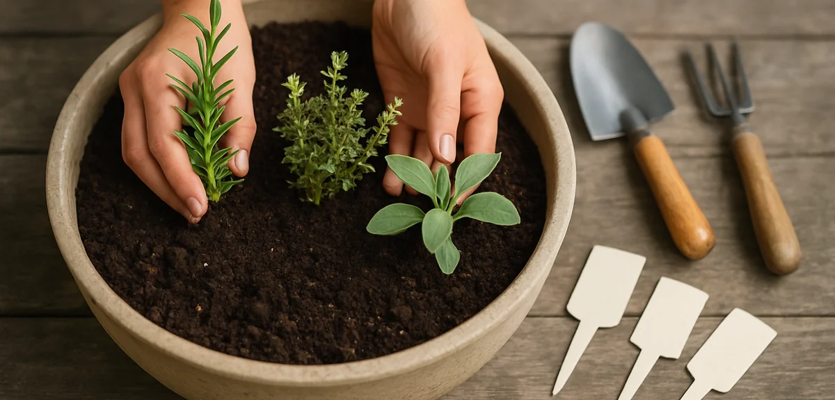 Step-by-step herb planting scene with hands placing rosemary, thyme, and sage seedlings into a large