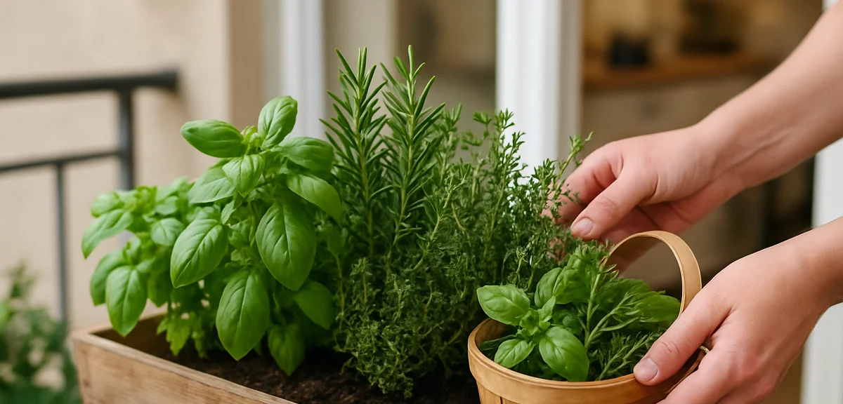 Fresh herbs being harvested from a balcony container garden, hands holding a small wooden basket wit