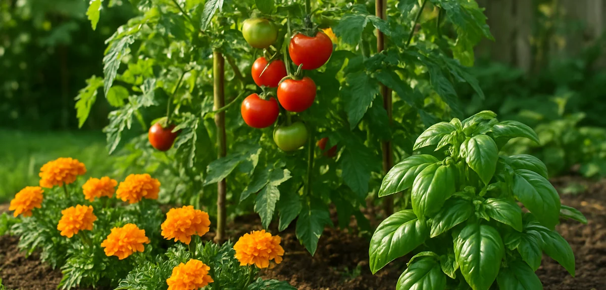 Tomato plants growing alongside basil and marigolds in a backyard companion planting setup with summ
