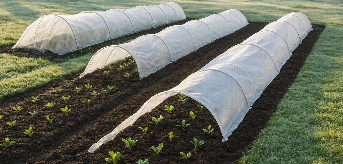 Spring vegetable garden with neat rows of plastic tunnel covers and white nonwoven fabric tunnels pr