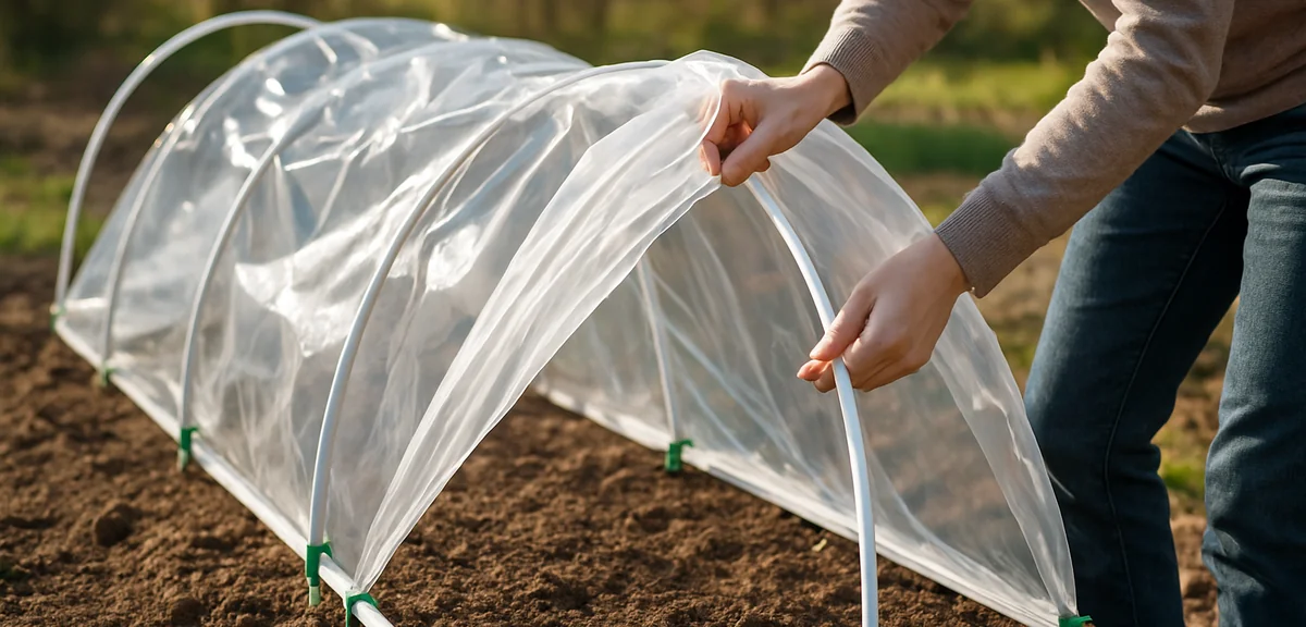 Person installing arched fiberglass support hoops along a garden bed and pulling clear plastic film