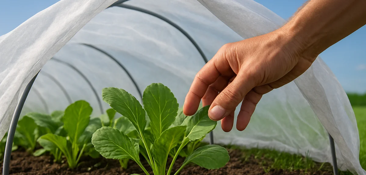 Open ventilated tunnel with one side lifted to expose strong leafy seedlings to mild spring air, gar