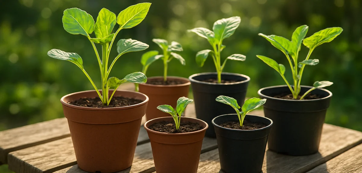 Fresh spring vegetable seedlings in pots arranged on a wooden garden bench, with bright morning sunl