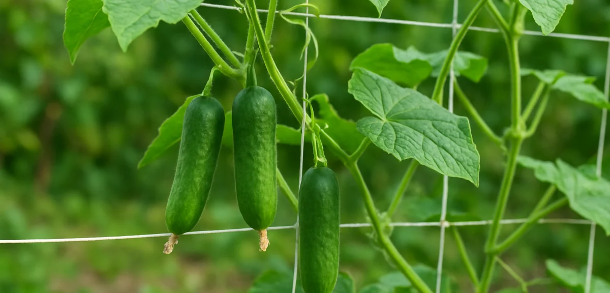 Close-up of cucumber vines climbing on a trellis with young green fruits hanging in a backyard garde