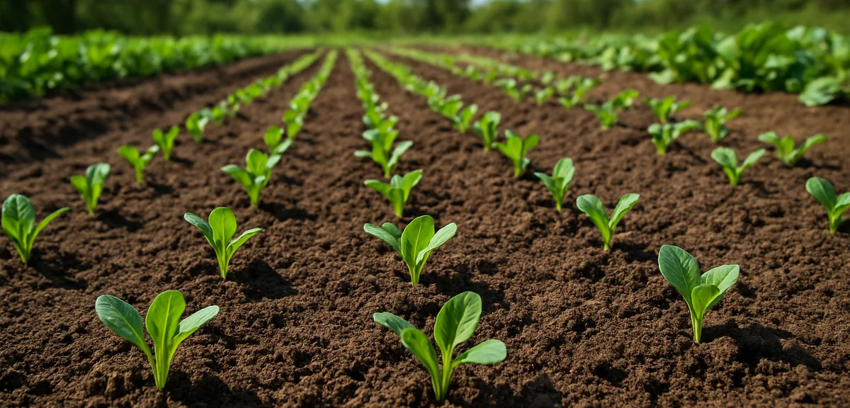 A neatly organized vegetable garden bed with rows of newly transplanted spring seedlings under brigh