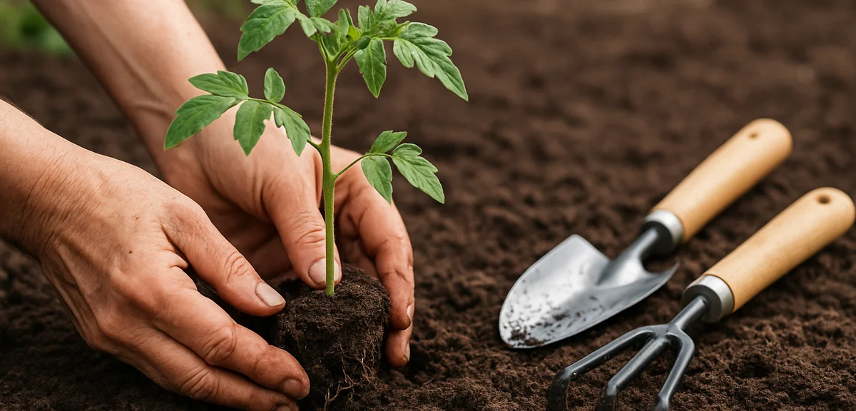 A gardener's hands carefully transplanting a tomato seedling into rich brown soil with garden tools