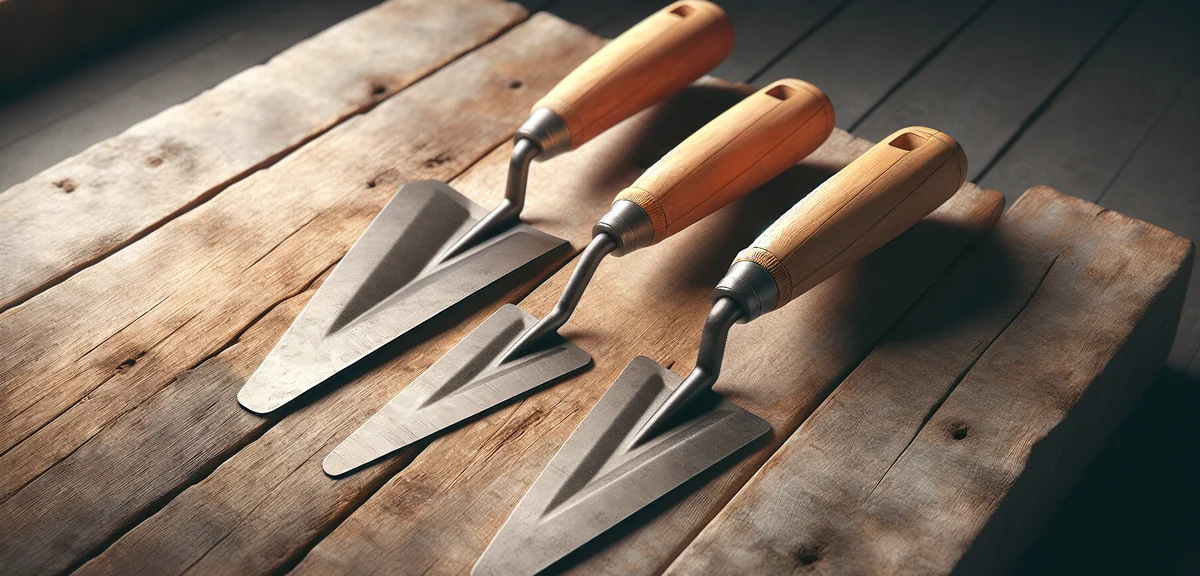 Three different trowel shapes arranged on a wooden surface - standard, narrow pointed, and wide flat