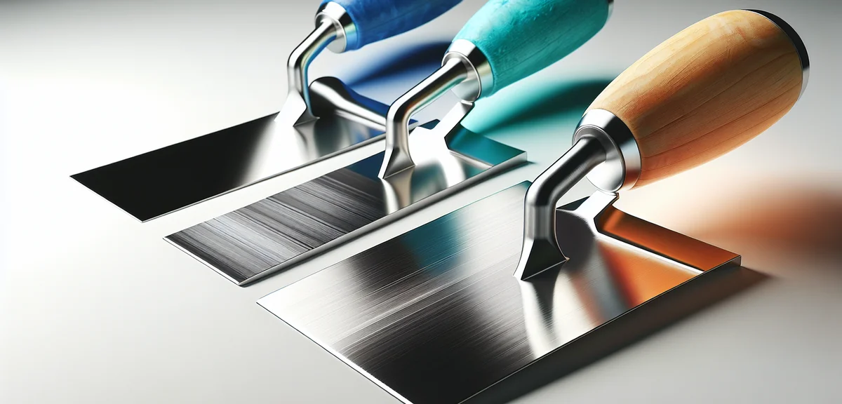 Close-up of trowel blades showing different materials - shiny stainless steel, brushed aluminum, and