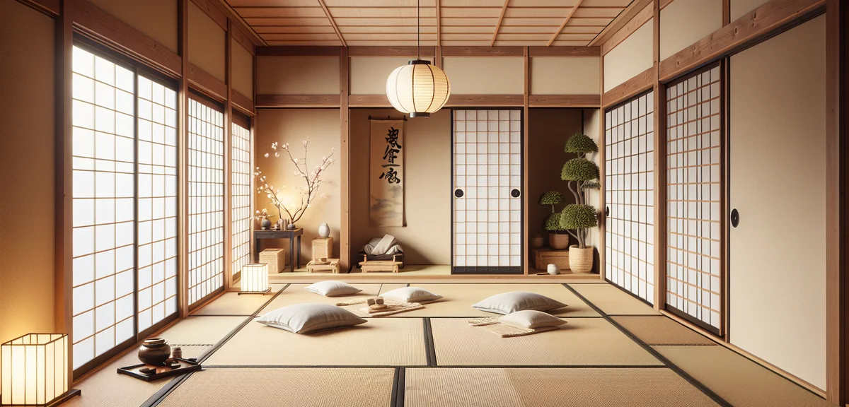 Traditional 6-tatami Japanese room showing standard layout dimensions, empty room with tatami mats, 