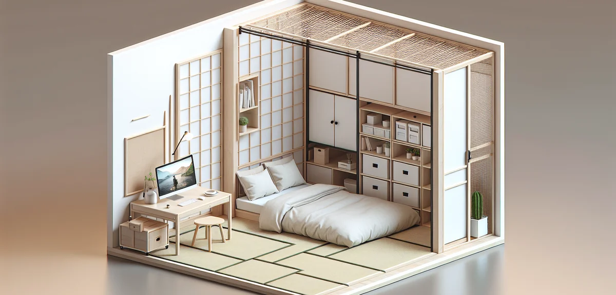 Minimalist 6-tatami room layout for single person living, low bed, small desk, organized storage, mo