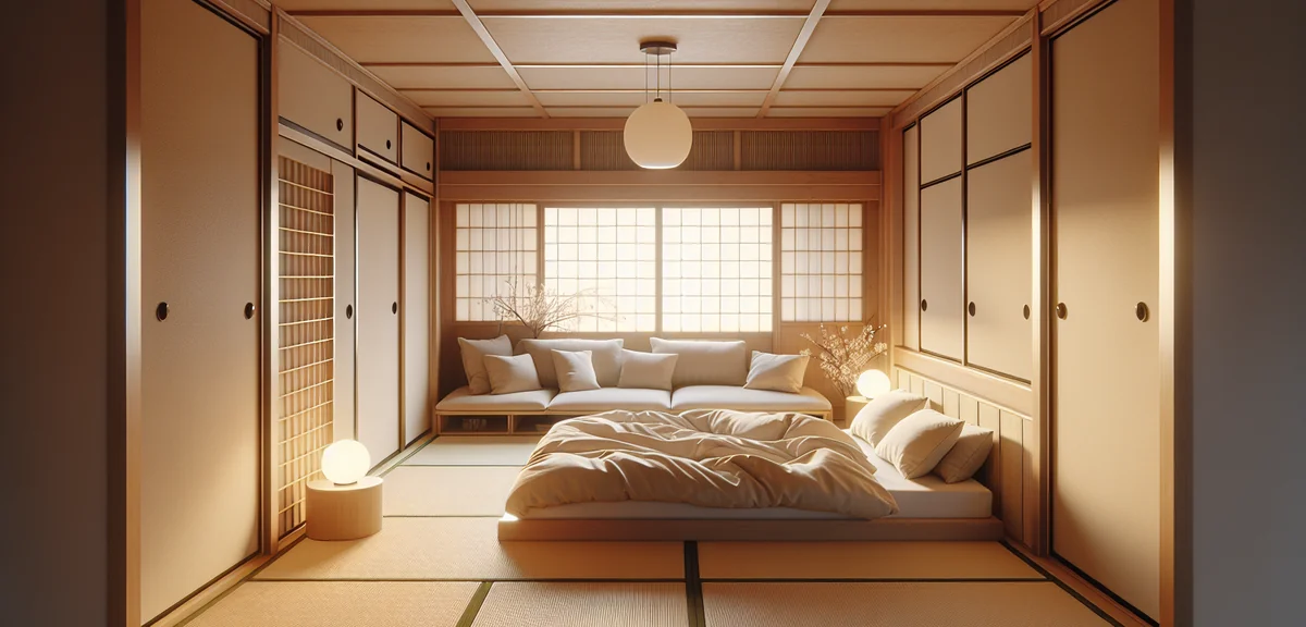 Cozy 6-tatami room for couple, double bed or futon arrangement, minimal furniture, warm lighting, in