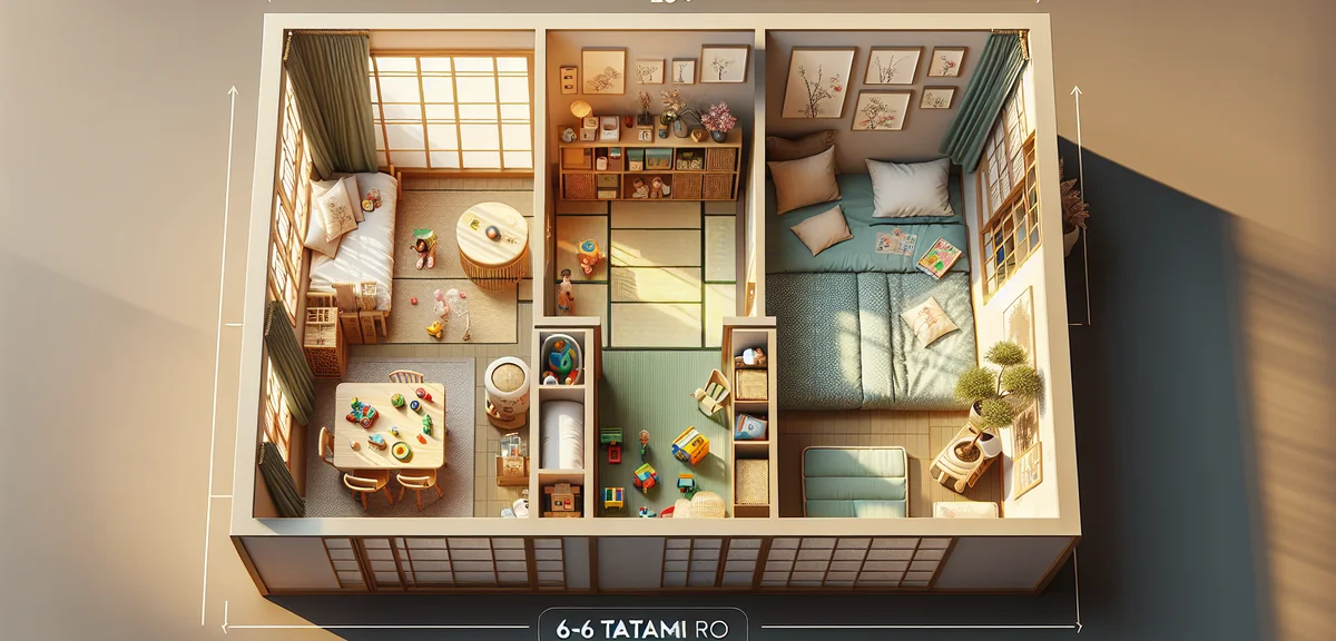 Family-friendly 6-tatami room layout with play area, storage for toys, safe cushioned space, natural