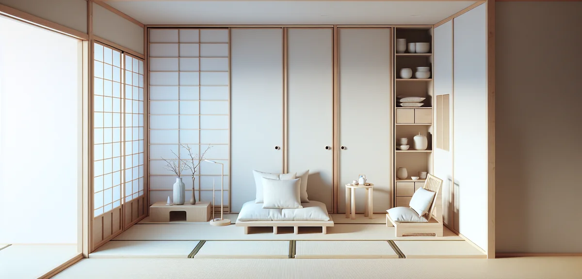 Space-saving techniques for 6-tatami room, minimal furniture, light colors, efficient storage soluti