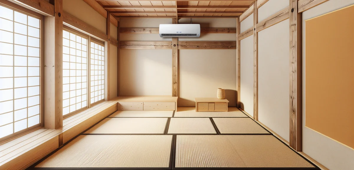 A Japanese tatami room with exposed wooden pillars and a wall-mounted air conditioner installed near