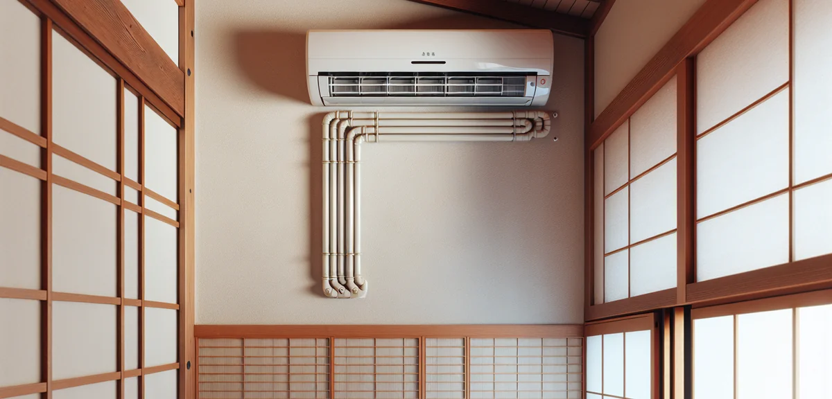 Close-up of a neatly installed air conditioner pipe cover running along a traditional Japanese room 
