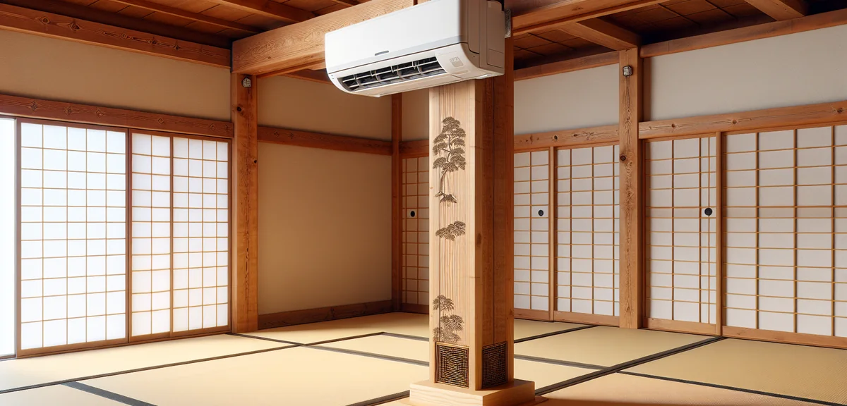 Interior of a well-maintained Japanese tatami room with wooden pillars showing careful air condition