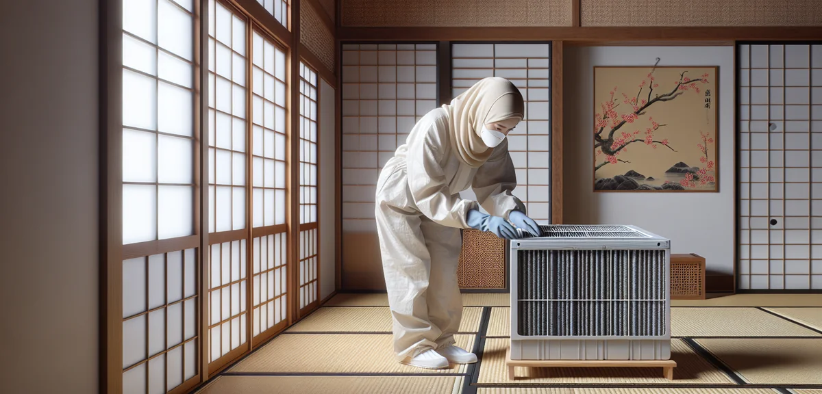 A person carefully cleaning an air conditioner filter in a traditional Japanese room with tatami flo