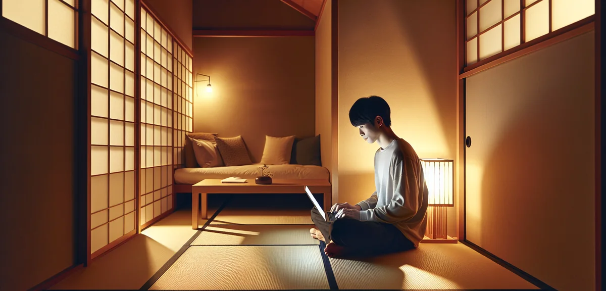 A young person sitting comfortably in a 6-tatami Japanese apartment room with a low table, laptop, a