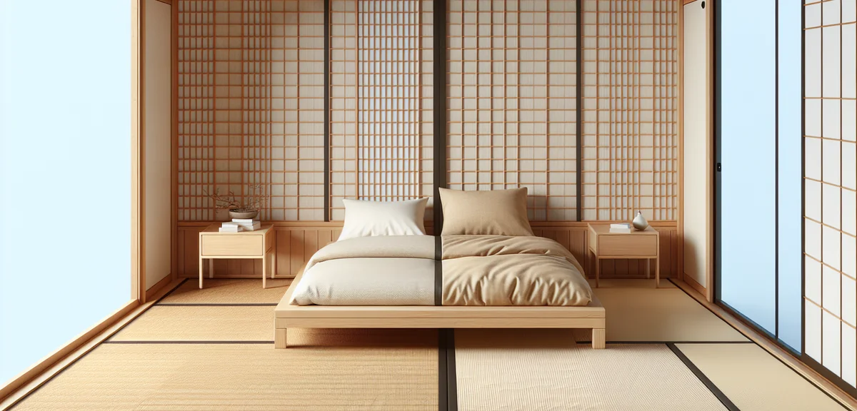 A comparison view of a Japanese tatami room split in two halves - one side showing a neatly folded f