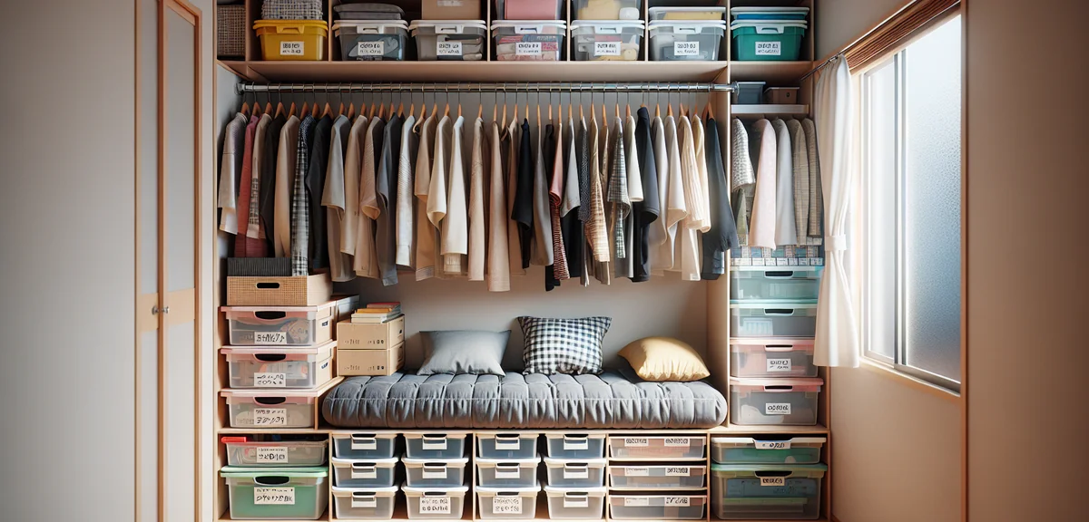 Inside of a Japanese oshiire (closet) in an apartment, neatly organized with storage boxes, hanging 