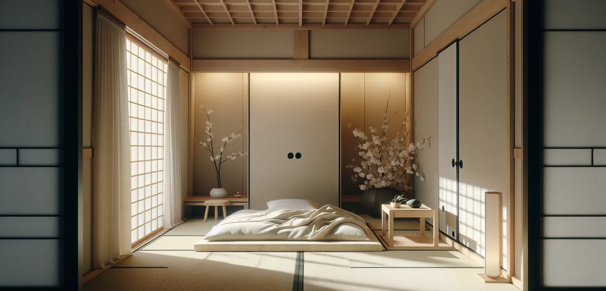 Japanese 6-tatami room layout with low bed, tokonoma alcove with flower arrangement, minimal furnitu