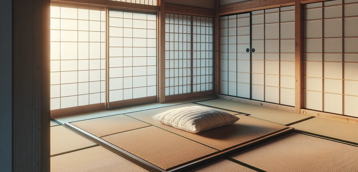 A Japanese tatami room with a wooden sunoko mat (slatted bed base) placed on the tatami floor, with 