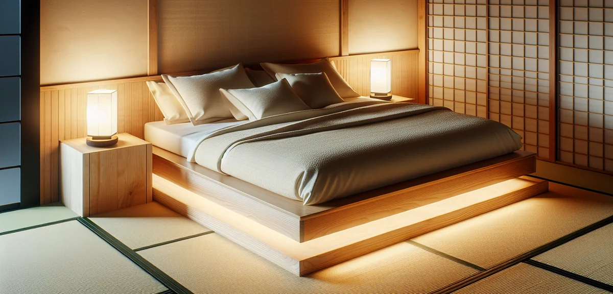 A low wooden platform bed with a tatami insert on the bed base, placed in a traditional Japanese roo