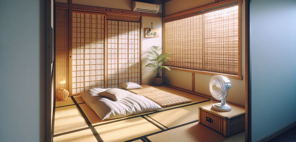 A Japanese tatami bedroom prepared for summer with a woven igusa sleeping mat on top of a futon, a b